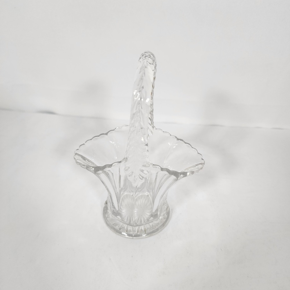 Vintage Clear Pressed Glass Basket Twisted Handle Scalloped Rim 6"